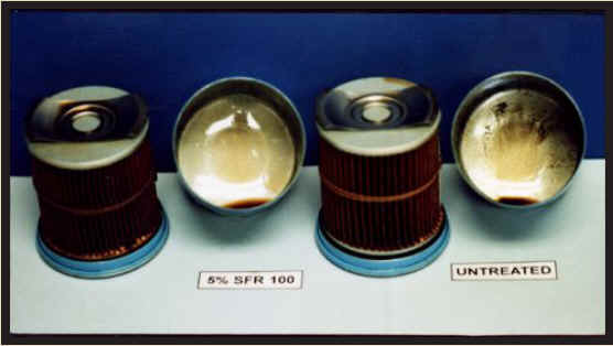 The two oil filters cut open after the test: SFR 100 treated on the left, untreated on the right