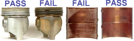 Pistons and bearing sleeves from the test, marked pass and fail